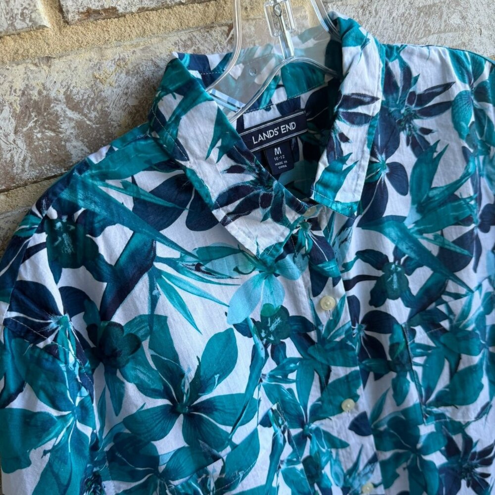 Lands' End 3/4 Sleeve Button Up Collared Tropical Floral Shirt Dress Size M - Picture 5 of 8